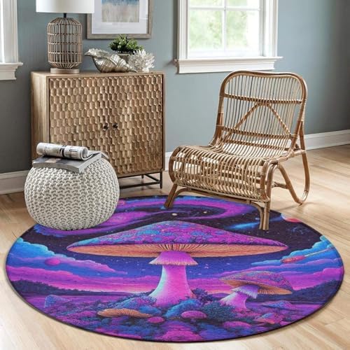 Home Decor Non Slip Kitchen Office Circle Rug, Machine Washable Modern Round Area Rug, Room Sofa Yoga Soft Round Carpet Trippy Mushrooms Art, 60inch
