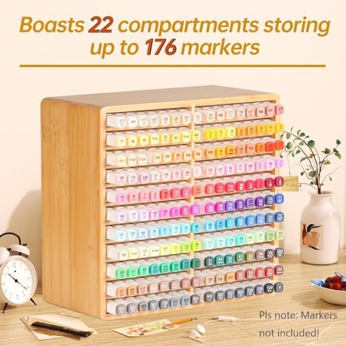 walowalo Markers Organizer Hold 176 Markers Birthday Gifts Bamboo Pen Holder Art Supply Pencil Alcohol Storage Organizer 22 Compartments All-in-One Marker Storage for Home Office Desk Classroom