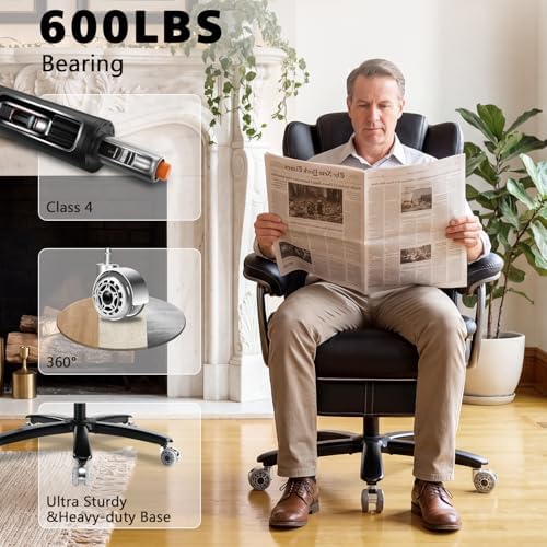 600lbs Big and Tall Office Chair for Heavy People,Heavy Duty Comfy Executive Office Desk Chair with Adjustable Lumbar Support,High Back Reclining PU Leather Computer Chair,Metal Base (Reclining Black)