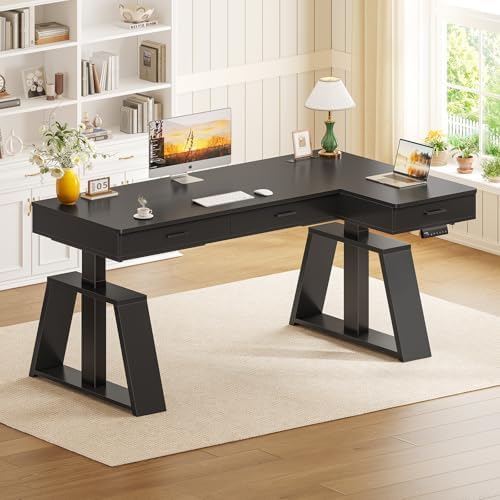 SEDETA 59 Inch L Shaped Electric Standing Desk with Drawers, Executive Adjustable Desk with Power Outlets, Monitor Stand, Sit Stand Computer Table for Home Office, Black