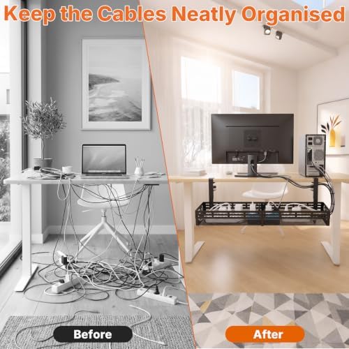 Under Desk Cable Management Tray, 15-25in Retractable Metal Cord Organizer Rack, No Drill Desk Tray with Clamp, Anti-Slip Pads Cable Tray for Home, Office, Gaming, Standing Desks