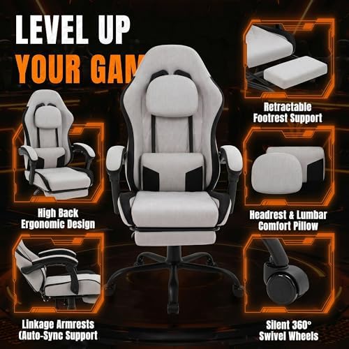 Video Gaming Chair, Ergonomic Office Chair with Footrest, Lumbar Support and Linkage Armrests, Swive Home Video Game Chairs for Adults, Gray