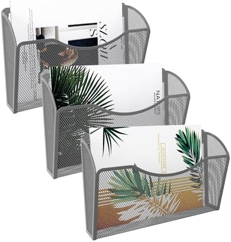 EasyPAG Wall File Organizer 3 Pack, Hanging File Organizer Wall Mount, Metal Mesh Folder Holder for Letter/A4 Papers, Mail Sorter for Office, Classroom, Home, Silver