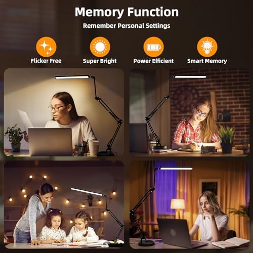 NOEVSBIG LED Desk Lamp with Clamp,2-in-1 Clamp on Desk Lamps with Base,50.7" Adjustable Swing Arm Architect Desk Lamp,Memory Function Desk Lights for Home Office,Workbench,Reading,Craft,Drafting