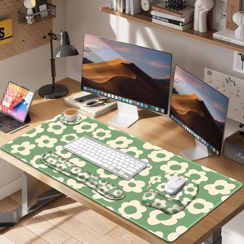 Large Mouse Pad with Wrist Support 4in1 Set, XXL Game Mousepad +Keyboard Wrist Rest+Mouse Wrist Rest+Coaster Ergonomic Design Gaming Mat for Home Office Table Computer I Vintage Groovy Flowers