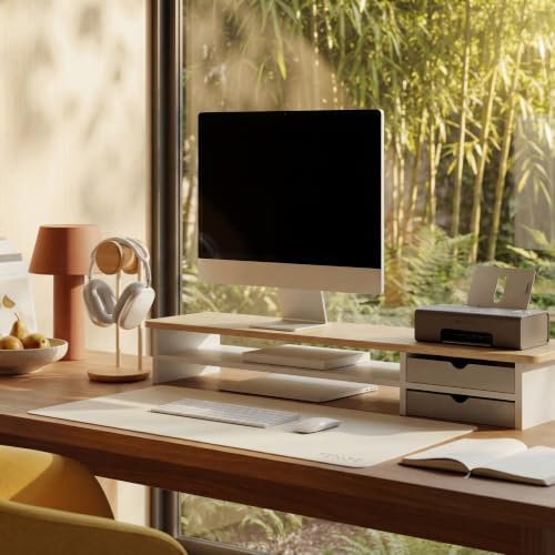 Fenge Monitor Stand, Desk Computer Riser with Frosted Storage Drawer, Oak