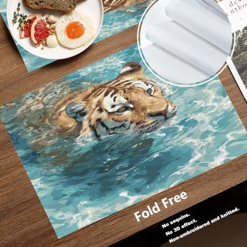Batmerry Cute Tiger in Water Blue Placemats, Swimming Washable Linen Table Mats for Kitchen Table Double Insulation Decor Dining Set Indoor Outdoor 12X18 in Set of 8