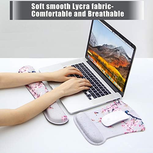 Ergonomic Keyboard Mouse Pad Set with Wrist Rest Support, Memory Foam Hand Rest Wrist Cushion Set for Laptop/Notebook/Desktop/Computer/Gaming/Office/Desk, Easy Typing & Pain Relief(Bird & Pink Flower)