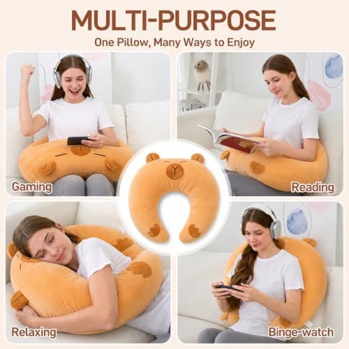 Cute Brown Gaming Pillow for Lap - Plush Reading & Crocheting Pillow for Sitting in Bed, Soft Arm Support Cushion for Tablet/iPad Accessories, Kawaii Room Decor Gift Gamers & Capybara Lovers