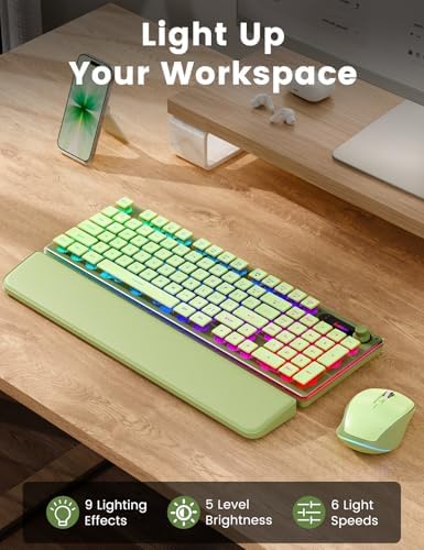 Wireless Keyboard and Mouse Combo - 9 Backlit Effects, Wrist Rest, Double-Shot Keycaps, Metal Panel, Long-Lasting Rechargeable, 2.4G Keyboard Mouse Set for Windows Mac PC Laptop – Sablute (Green)