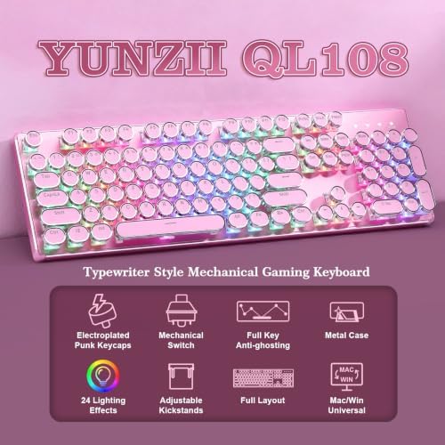 YUNZII QL108 Typewriter Mechanical Gaming Keyboard, Pink