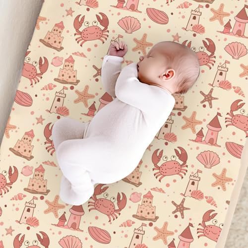 Cartoon Beach Theme Crabs Starfish Sandcastle Pattern Baby Changing Pad Cover, Unisex Ocean Sea Animals Nursery Diaper Changing Table Pad Mat Sheet for Boys Girls-16x32