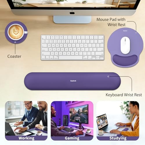 Sushret Mouse Pad and Keyboard Wrist Rest, 3-in-1 Gel Memory Foam Ergonomic Mouse Pad with Wrist Rest Set, Gaming Mousepad Arm Cushion Support for Computer Office Desk Accessories Cute Setup, Purple