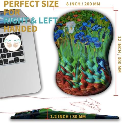 Hokafenle Ergonomic Mouse Pad Wrist Support with Massage Design, Wrist Rest Pain Relief Mousepad with Memory Foam&Non-Slip PU Base, Mouse Pads for Wireless Mouse & Desk(12x8 inch,Vangogh Iris Flower)
