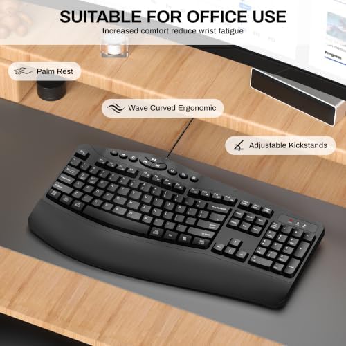 Ergonomic Wired Keyboard with Wrist Rest,9 Independent Shortcut Keys