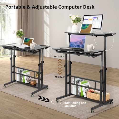 Hadulcet Stand Up Desk, Rolling Desk Adjustable Height, Mobile Standing Desk with Wheels & Charging Station, Portable Stand for Laptop, Rolling Computer Cart TV Tray, Small Standing Desk Drawing Table