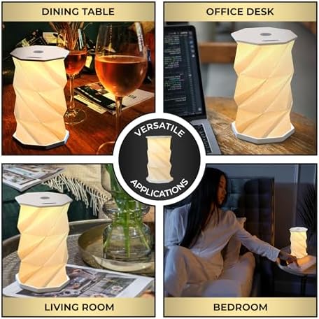 Origami Expanding Foldable LED Desk Lamp – USB Rechargeable & Portable - Dimmable Touch Control Light with Adjustable Height up to 8.25" for Office, Travel, Bedside - Sleek & Modern Design (White)