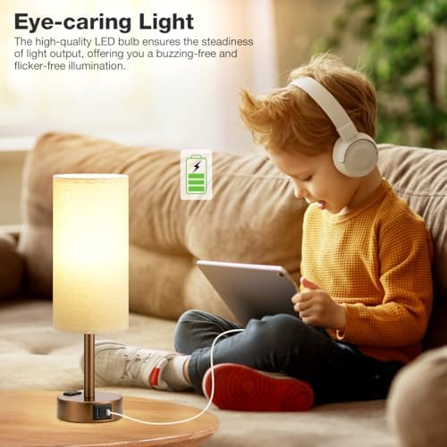 Fenmzee Brown Bedside Lamp for Bedroom, Dimmable Touch, USB A+C, AC Outlet