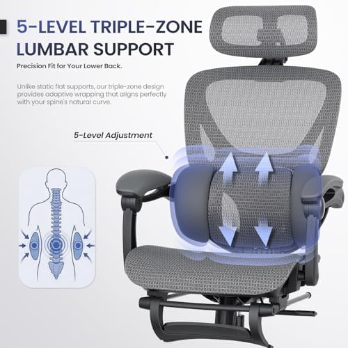 MALOL Ergonomic Mesh Office Chair with Footrest, Executive High Back Computer Desk Chair with 3D Adjustable Headrest & 5-Level Lumbar Support, Reclining Tilt Lock, 3D Arms, 300LBS Capacity, Grey