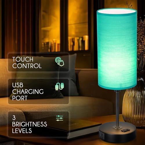 Table Lamp with USB Port - Teal Desk Lamp, Green Touch Lamp, Bedside Lamps, 3 Way Dimmable Small Lamps for Bedroom, Nightstand, Nursery, Dorm, Home, Office, Black Base+ Green Lampshade