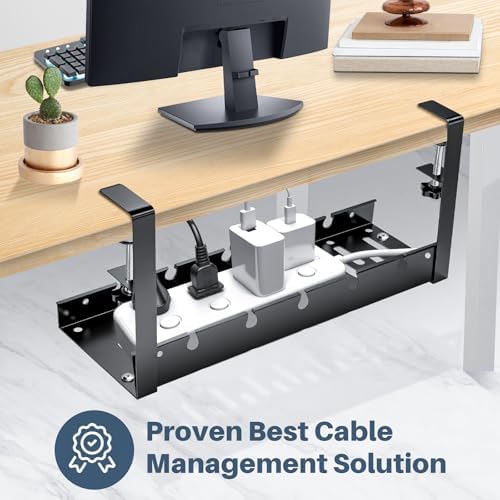 Under Desk Cable Management Tray, No Drill Clamp Mount, Metal Cord Organizer for Desk, Wire Management Rack for Home Office and Standing (Black)