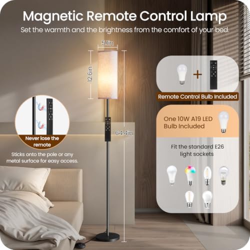 2 Pack Dimmable Floor Lamps for Living Room with 2 Remotes and Foot Switch, Corner Floor Lamp, Standing Tall Lamp, 10W 900LM LED Bulb Included, 3000K-6500K, Linen Shade, FCC Listed W06LDP205W1