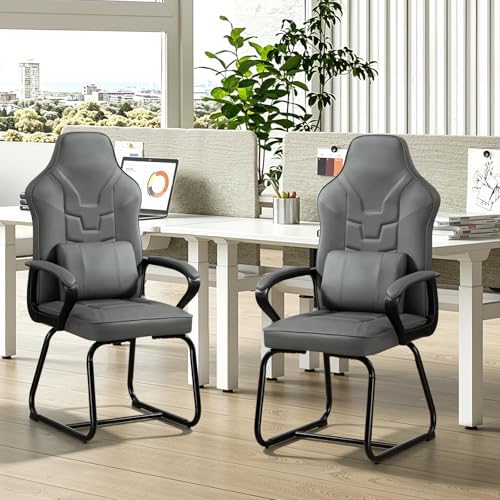 Leather Office Guest Chair No Wheels High Back Computer Reception Chairs with Padded Arms Waist Pillow for Gaming Meeting Conference Waiting Room, Grey