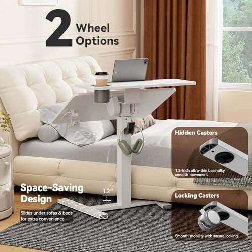 28" Mobile Standing Desk, Tiltable Top with 2-Tier Shelves, White