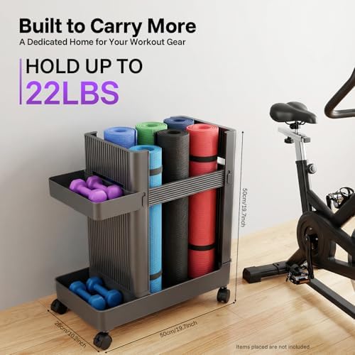 Home Gym Storage,2 Tiers Workout Equipment Organizer with Wheels Workout Equipment Storage Organizer Yoga Mat Storage Racks Home Gym Storage Rack for Yoga Mats, Foam Roller, Dumbbells