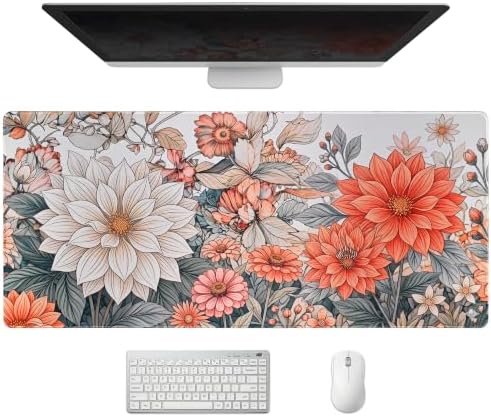 Extended Minimalist Flowers Desk Mat, XXL Large Gaming Mouse Pad, Aesthetic Florals Stitched Edges Waterproof with Non-Slip Rubber Base for Computer Keyboard Laptop Work Home Office 35.4"x15.7"
