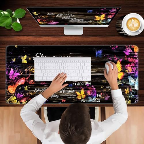 Keyboard Wrist Rest and Mouse Pad with Wrist Support Set Ergonomic Coaster,Memory Foam,Easy Typing Pain Relief,Large XL Desk Mat 31.5"x 11.8",Floral Butterfly Bible Verse Proverbs 31-25