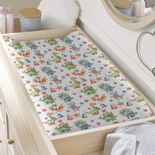 Cute Watercolor Christmas Theme Dinosaur Stars Pattern Baby Changing Pad Cover, Unisex Christmas Nursery Diaper Changing Table Pad Mat Sheet for Boys Girls-16x32