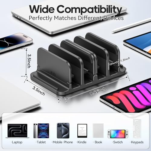 KDD 4-Slot Vertical Laptop Stand with Gravity Locking, 6-in-1 Laptop Holder Desktop Stand, Space-Saving Organizer Fits MacBook/Surface/HP/Dell/Book/Tablet/Switch/Cell Phone and Keyboard