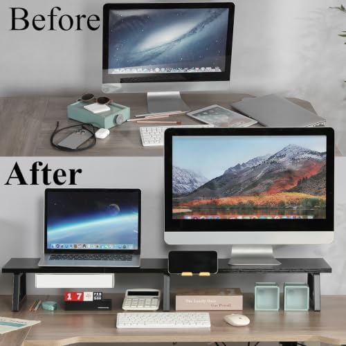 TEAMIX 42 inch Dual Monitor Stand with Storage Drawer & Phone Holder, Black