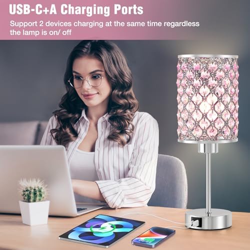 Crystal Table Lamp, Pink Touch Lamp with USB C+A Port, 3-Way Dimmable