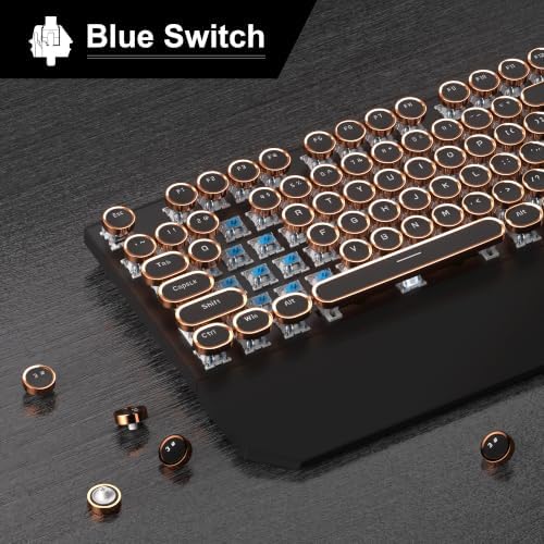 MageGee Typewriter Mechanical Gaming Keyboard, Retro Round Golden Electroplated Keycaps, LED Orange Backlit Wired Keyboards for Laptop PC Gamer, with Magnetic Wrist Rest, Metal Panel, Blue Switch