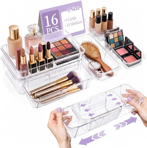 16 Pcs Extendable Clear Drawer Organizer|2-Size Expandable Drawer Dividers