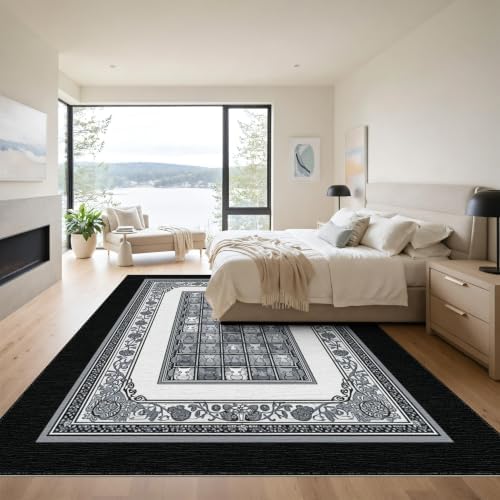 9'x12' Charcoal Gray Cat Motif with Vine Border Washable Area Rug