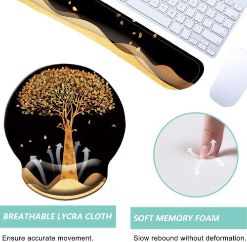 Keyboard Wrist Rest Pad Mouse Pad with Wrist Support Set of 3, Mousepad with Non-Slip Rubber Base, Ergonomic Memory Foam Mouse Wrist Cushion Support for Home Office Laptop Computer, Tree