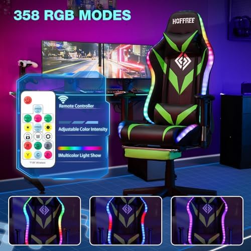 Led Gaming Chair with Speakers Massage 165° Reclining Computer Chairs-Green