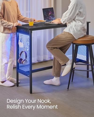VASAGLE Bar Table with Power Outlets, LED Lights, Computer Desk, 47.2" L
