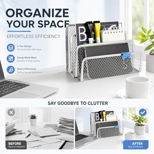 2Pcs Mail Organizer for Desk, 3-Slot Mesh Metal Mail Holder Countertop