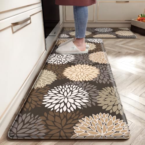 Kitchen Mats Set of 2 Cushioned Anti Fatigue Kitchen Rugs Non Slip Waterproof Runner Memory Foam Kitchen Floor Mat Comfort Standing Mat for Sink, Office, Laundry, Drak Brown