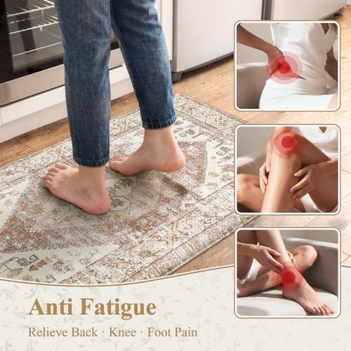KIMODE Farmhouse Kitchen Mats Cushioned Anti Fatigue Khaki Kitchen Rugs 2Pc