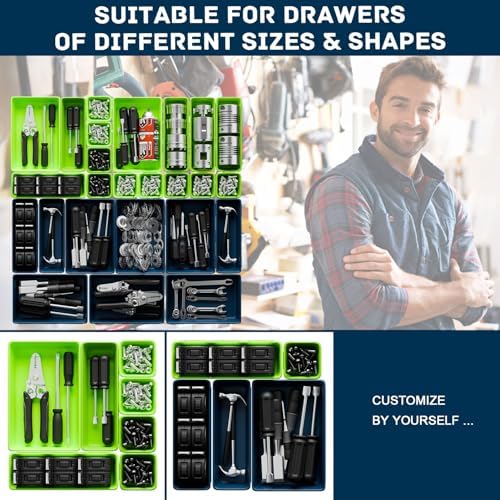 47pcs Tool Box Organizer, Tool Drawer Organizer Trays with Non-slip EVA Pads – Interlocking Divider Set, Fit Garage Storage Desk Drawers & Rooling Tool Cart (Blue & Green 47PCS)