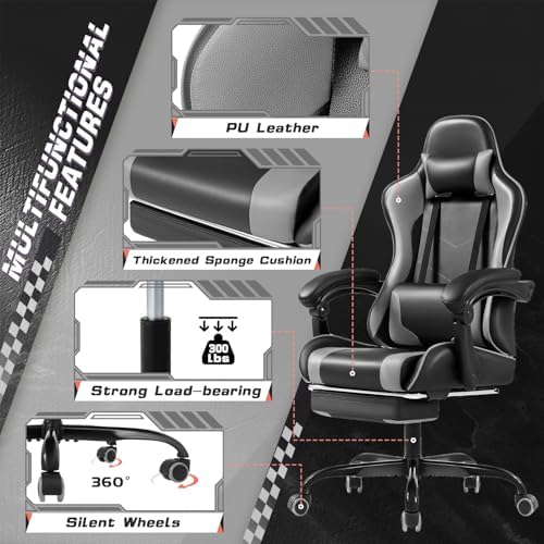 Shahoo Gaming Chair with Footrest and Massage Lumbar Support, Video Racing Seat Height Adjustable with 360°Swivel and Headrest for Office or Bedroom, Grey