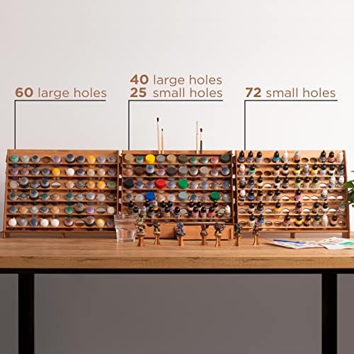 Wall Paint Holder - Works for Warhammer 40K, DnD, Other Figurines - 65 Holes for Vallejo, Citadel, Tamiya, 30 Brush Holes, 2 Drawers, a Shelf, a Brush Tray - Plywood Rack for Wall and Desk