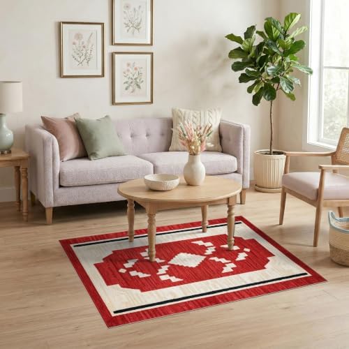 4'x6' Red Ivory Cat Crimson Boho Geometric Washable Area Rug