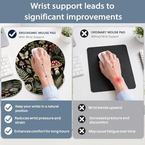 Mushroom Ergonomic Memory Foam Wrist Rest Set for Keyboard and Mouse,Butterfly Flowers Herbs Supportive Mouse Pad with Non Slip Base for Office Work and Gaming