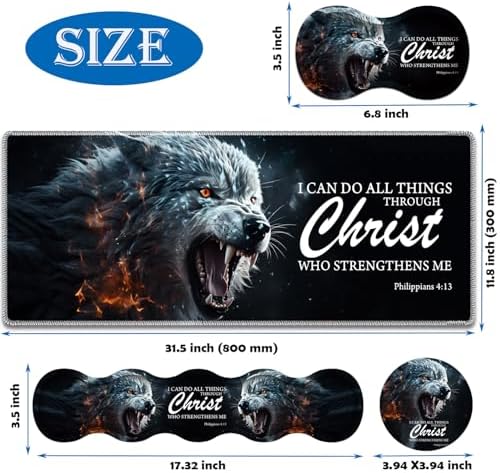 4 in 1 Mouse Pad Combo, Large Gaming Mouse Pad + Keyboard Wrist Support + Mouse Wrist Rest + Coaster, Table Pad 31.5 "x 11.8" with Memory Foam Ergonomic Wrist Pad Set, Ferocious Wolf